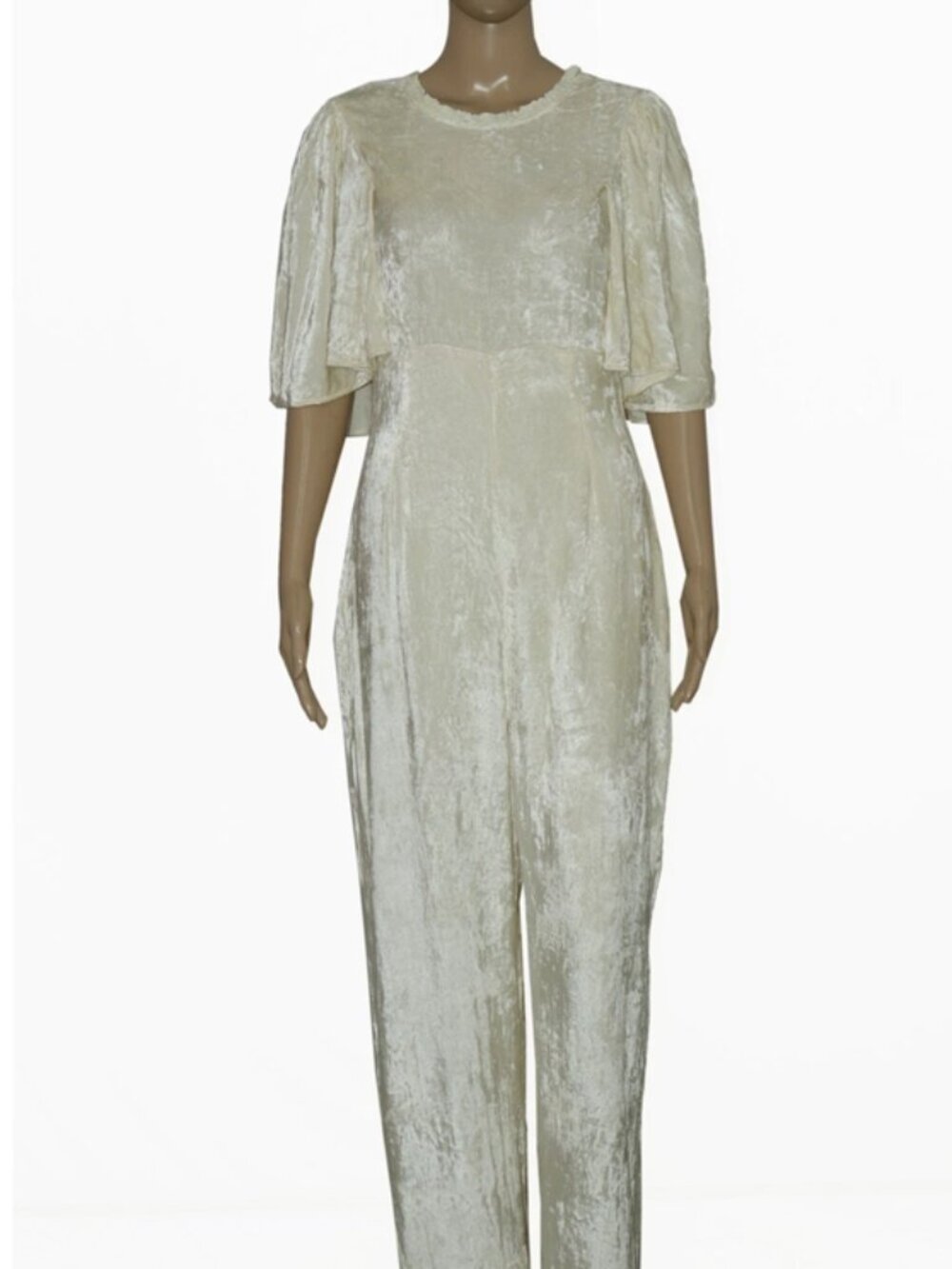 By Timo Flutter Sleeve Ruffle Velvet Wide Leg Ivory One Piece Jumpsuit New S